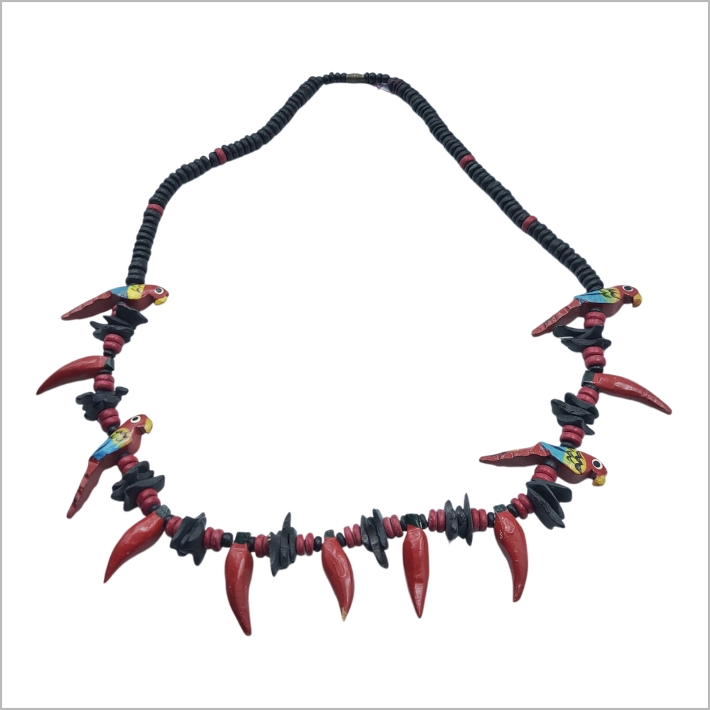 Parrot Motif Beaded Necklace with Red Spike Accents – 27.5"